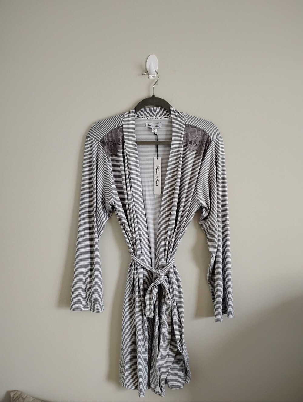 White Mark Brand New Striped Gray & White Women's Robe with Lace Shoulder Detail
